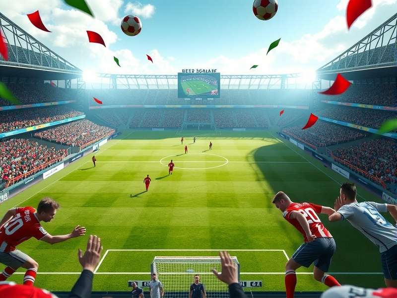 Panoramic view of a modern football stadium packed with fans at sunset