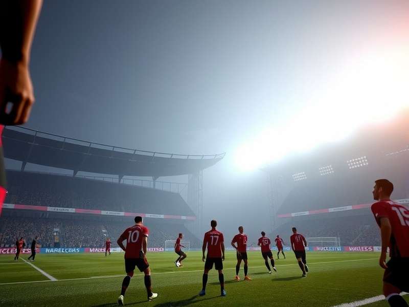 Soccer ball on field with stadium in background