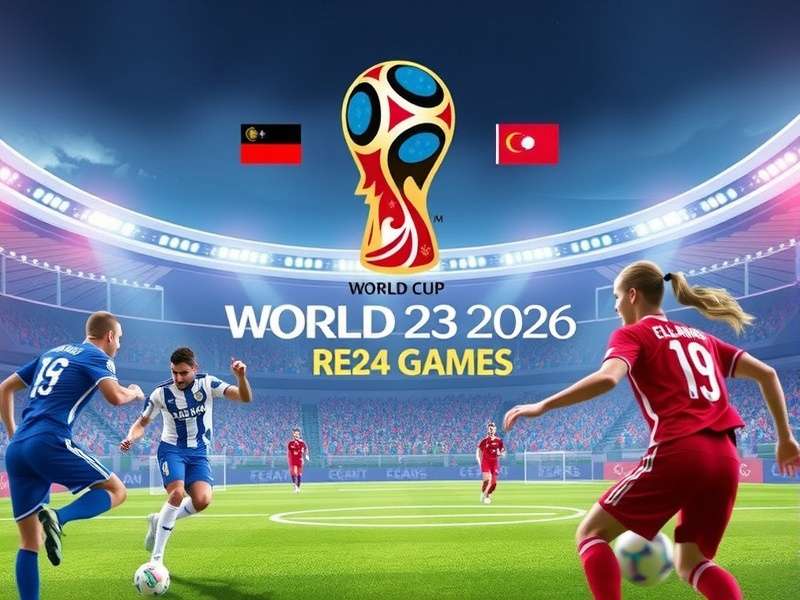 Panoramic view of a modern football stadium with lights on at dusk, representing a World Cup 2026 venue