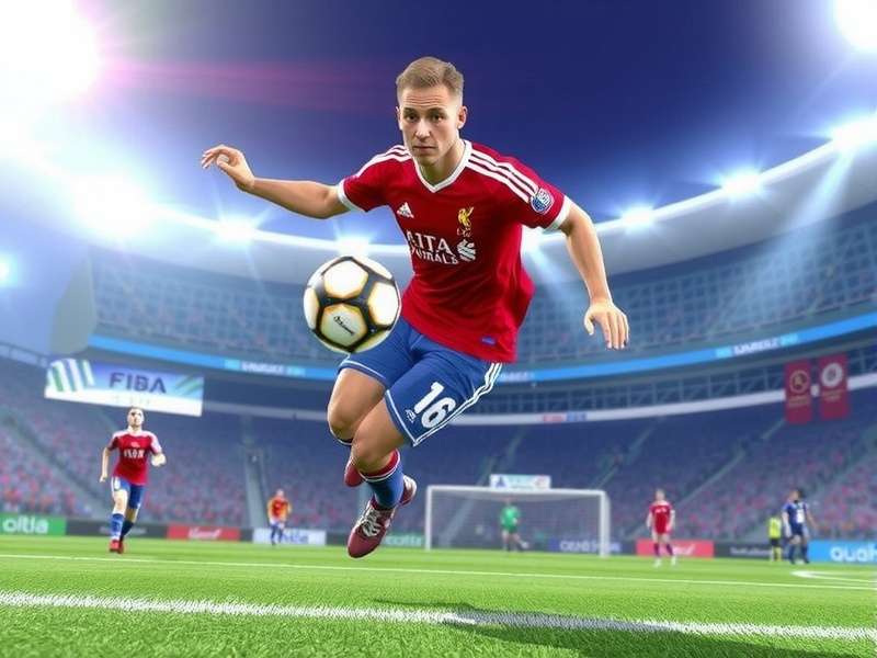 FIFA World Cup trophy shining on a pitch with stadium in background